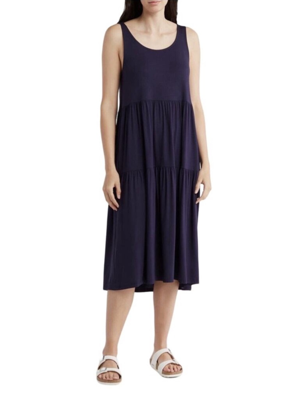 Eileen Fisher Sleeveless Tiered Jersey Midi Dress in Midnight Blue Medium